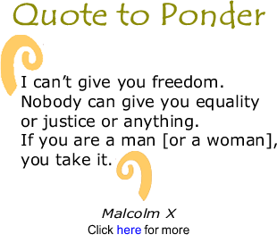 Quote to Ponder: "I can’t give you freedom. Nobody can give you equality or justice or anything. If you are a man [or a woman], you take it." - Malcolm  X