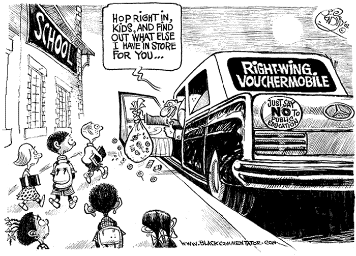 BlackCommentator.com: Political Cartoon - Right-wing Vouchermobile By Khalil Bendib, Berkeley CA