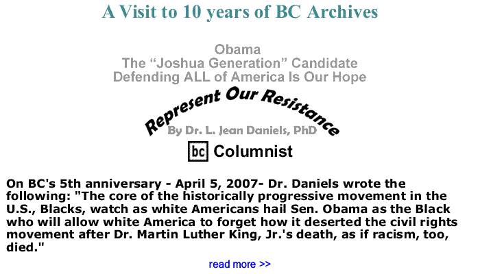 BlackCommentator.com: Obama - The "Joshua Generation" Candidate - Defending ALL of America Is Our Hope - Represent Our Resistance By Dr. L. Jean Daniels, PhD, BC Columnist