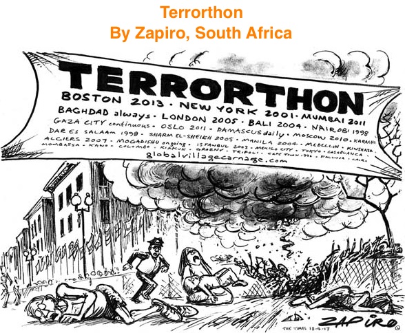 BlackCommentator.com: Terrorthon - Political Cartoon By Zapiro, South Africa