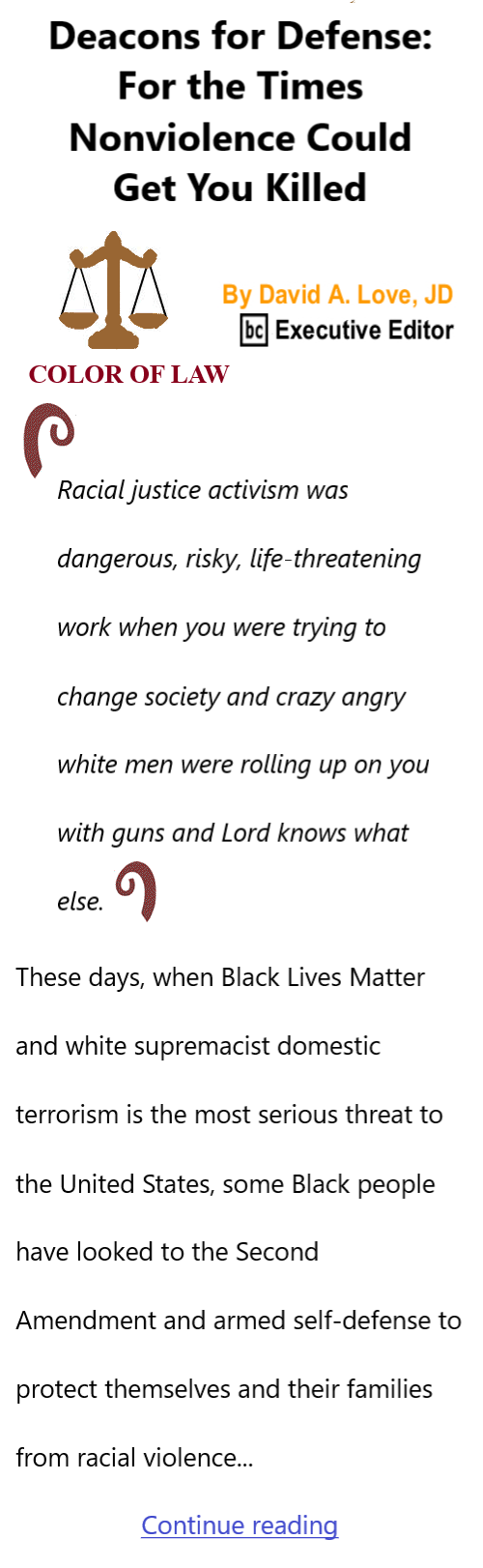 BlackCommentator.com May 23, 2024 - Issue 1002: Deacons for Defense: For the Times Nonviolence Could Get You Killed - Color of Law By David A. Love, JD, BC Executive Editor