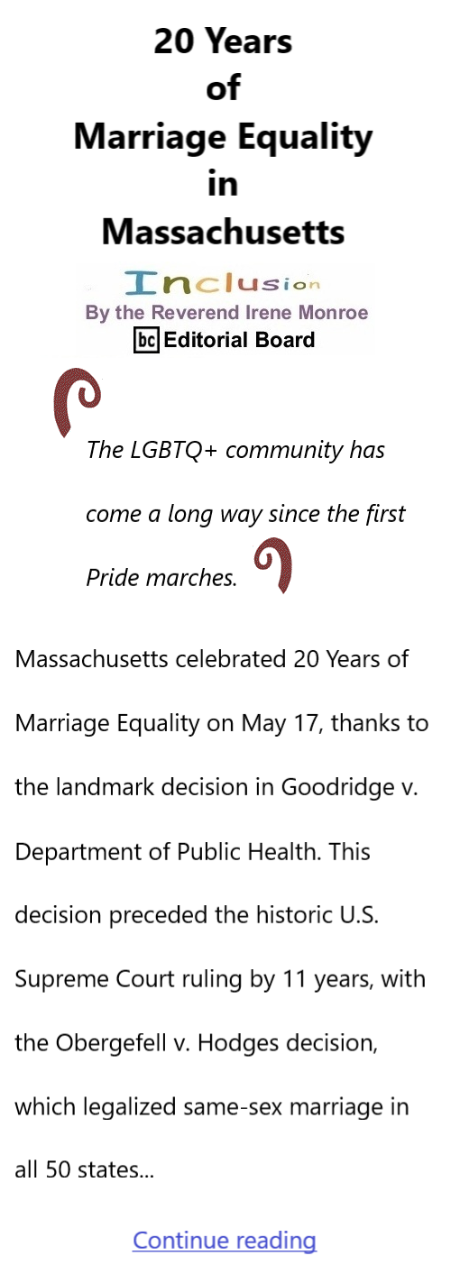 BlackCommentator.com May 23, 2024 - Issue 1002: 20 Years of Marriage Equality in Massachusetts - Inclusion By The Reverend Irene Monroe, BC Editorial Board