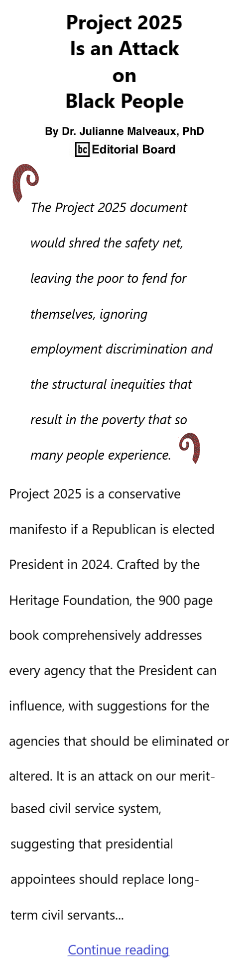 BlackCommentator.com June 20, 2024 - Issue 1005: Project 2025 Is an Attack on Black People By Dr. Julianne Malveaux, PhD, BC Editorial Board