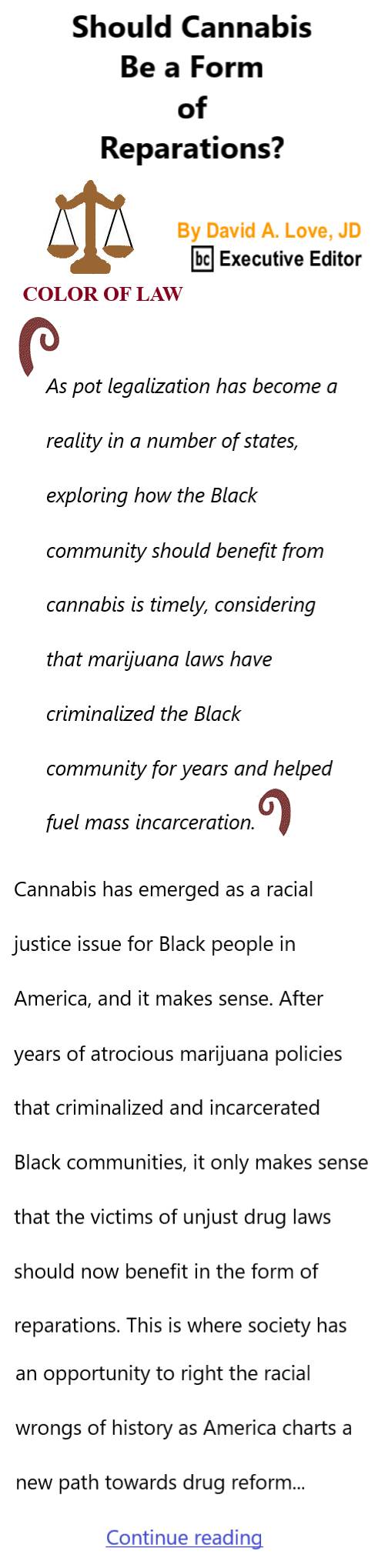 BlackCommentator.com Oct 3, 2024 - Issue 1012: Should Cannabis Be a Form of Reparations? - Color of Law By David A. Love, JD, BC Executive Editor