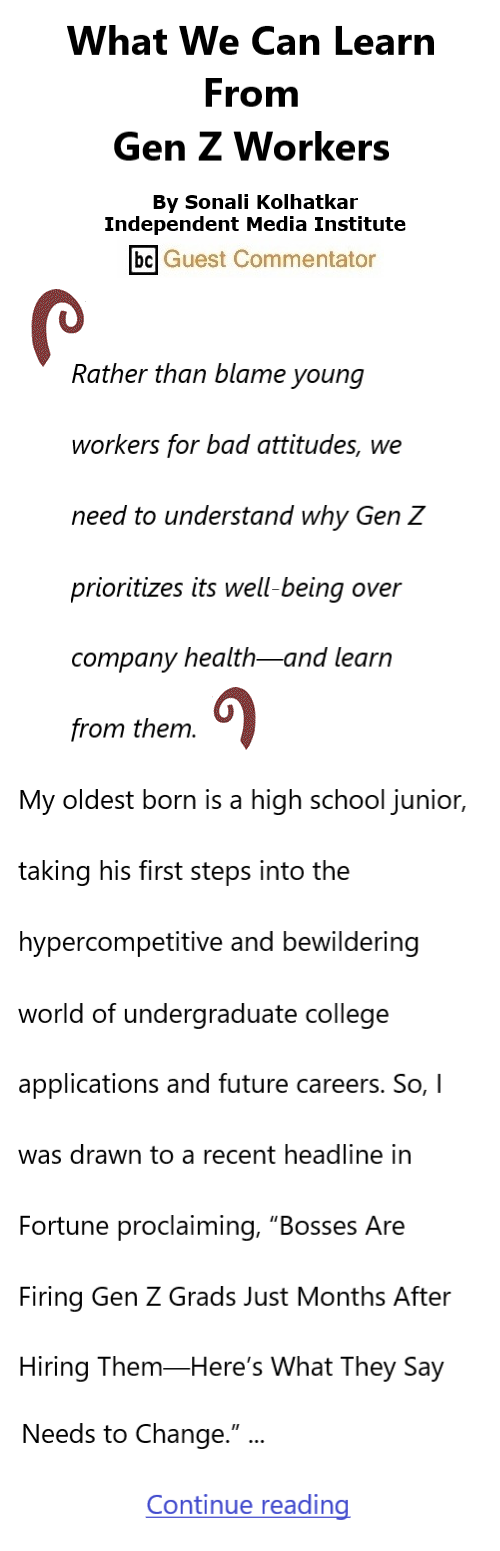 BlackCommentator.com Oct 3, 2024 - Issue 1012: What We Can Learn From Gen Z Workers By Sonali Kolhatkar, Independent Media Institute, BC Guest Commentator