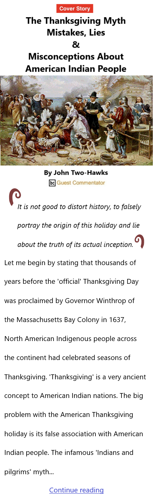 BlackCommentator.com November 28, 2024 - Issue 1018: Cover Story: The Thanksgiving Myth - Mistakes, Lies & Misconceptions About American Indian People By John Two-Hawks, BC Guest Commentator