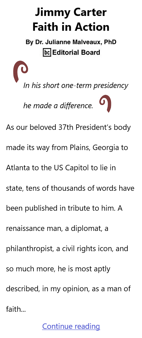 BlackCommentator.com Jan 16, 2024 - Issue 1024: Jimmy Carter – Faith in Action By Dr. Julianne Malveaux, PhD, BC Editorial Board