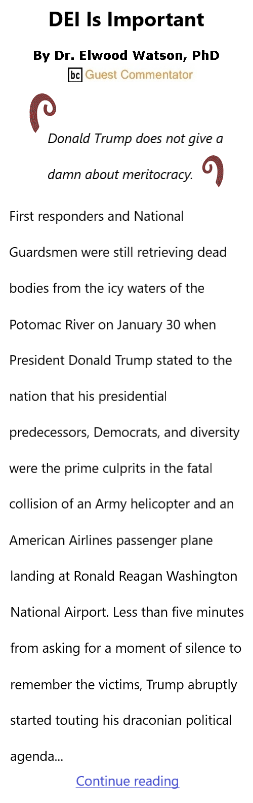 BlackCommentator.com Feb 13, 2025 - Issue 1028: DEI Is Important By Dr. Elwood Watson, PhD, BC Guest Commentator