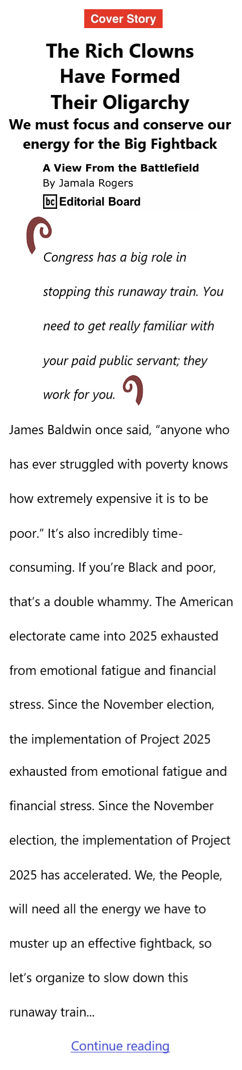 BlackCommentator.com February 20, 2025 - Issue 1029: Cover Story - The Rich Clowns Have Formed Their Oligarchy - View from the Battlefield By Jamala Rogers, BC Editorial Board