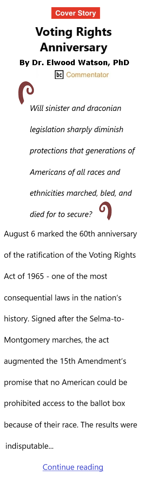 BlackCommentator.com September 11, 2025 - Issue 1054: Cover Story - Voting Rights Anniversary By Dr. Elwood Watson, PhD BC Commentator