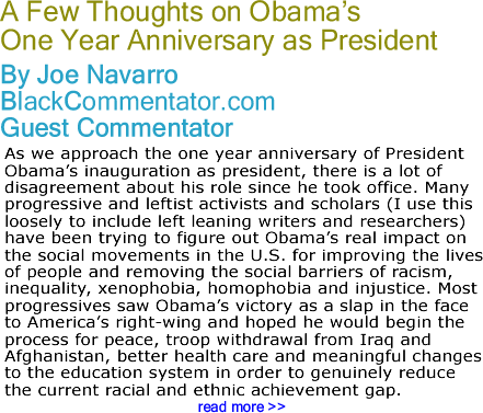 A Few Thoughts on Obama’s One Year Anniversary as President - By Joe Navarro - BlackCommentator.com Guest Commentator