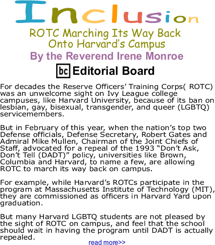 ROTC Marching Iits Way Back Onto Harvard’s Campus - Inclusion - By The Reverend Irene Monroe - BlackCommentator.com Editorial Board