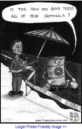 Political Cartoon: Criminal Cleaning the Crime Scene By David Logan - The People's Comic, Denton TX