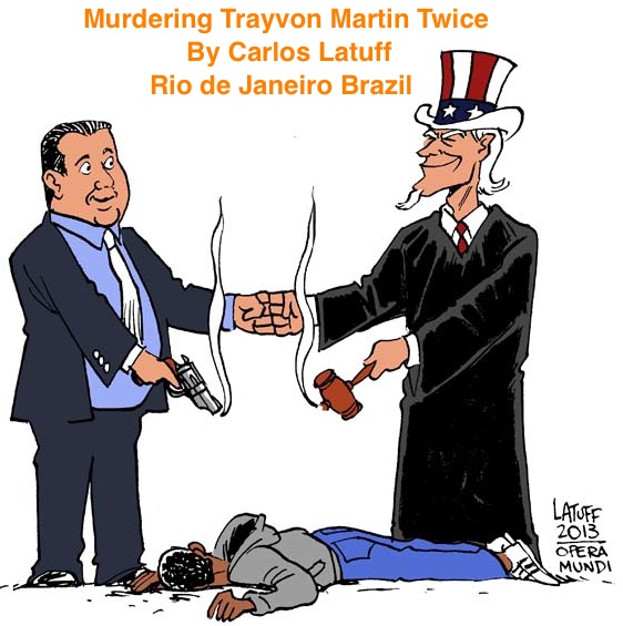 BlackCommentator.com: Murdering Trayvon Martin Twice - Political Cartoon By Carlos Latuff, Rio de Janeiro Brazil