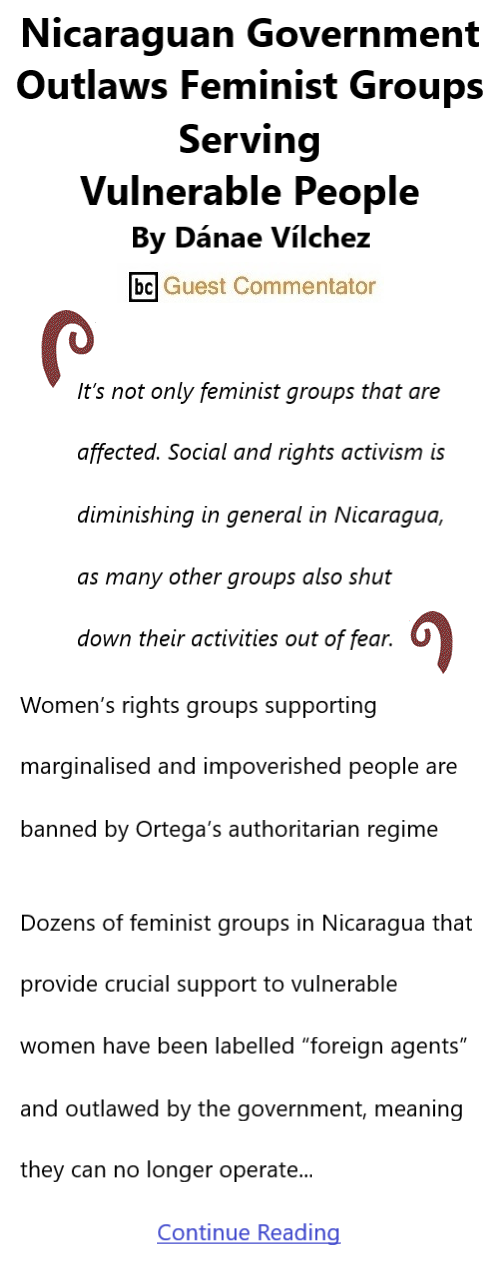 BlackCommentator.com June 16, 2022 - Issue 915: Nicaraguan Government Outlaws Feminist Groups Serving Vulnerable People  By Dánae Vílchez, BC Guest Commentator